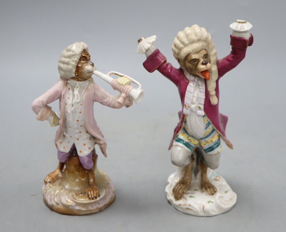 Two German porcelain monkey band figures, height 15cm (a.f.)